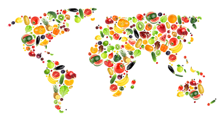 Collage of fruits and vegetables. World mapの写真素材