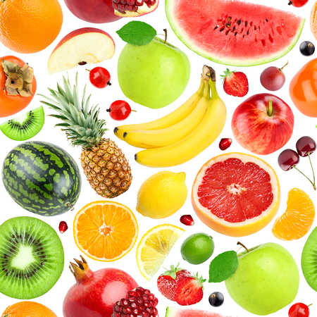 Fruits seamless pattern. Background of fresh falling mixed fruits. Healthy foodの写真素材