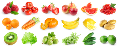 Collection of ripe fruits and vegetables on white background. Fresh foodの写真素材