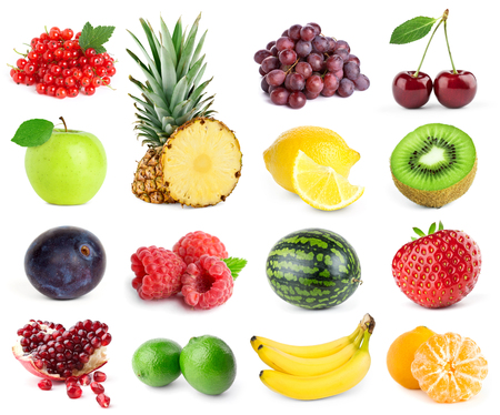 Collection of fruits and berries on white background. Fresh foodの写真素材