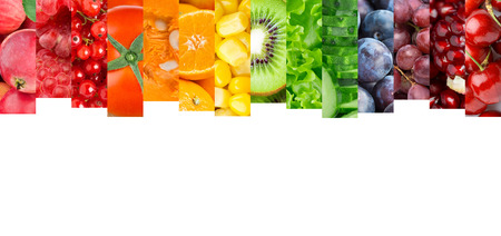 Collage of mixed fruits and vegetables on white backgroundの写真素材