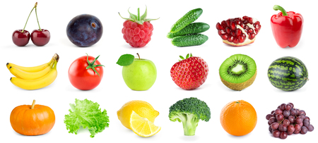 Collection of fruits and vegetables on white background. Fresh food. Healthyの写真素材