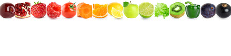 Collage of mixed fruits and vegetables on white background. Fresh foodの写真素材