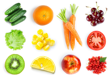 Collection of fruits and vegetables on white background. Top view. Fresh foodの写真素材