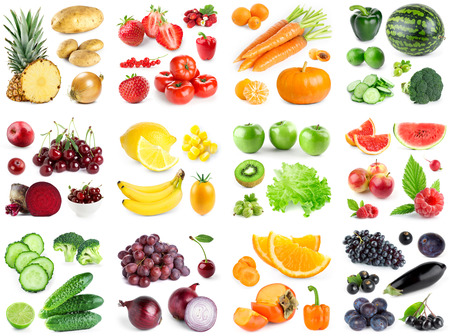 Collection of color fruits and vegetables on white background. Fresh foodの写真素材