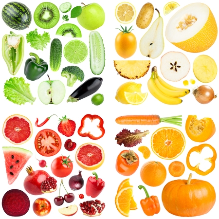 Collection of color fruits and vegetables on white background. Fresh foodの写真素材