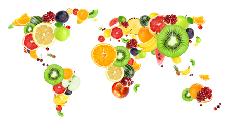 Collage of fresh fruits. World mapの写真素材