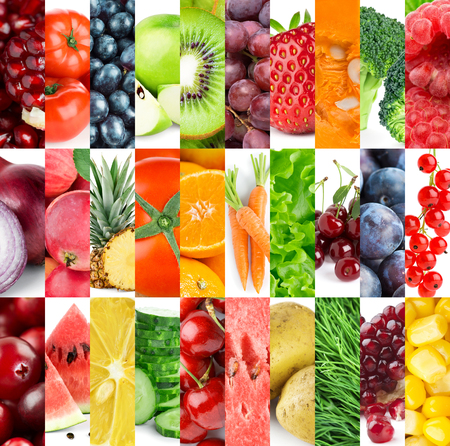 Collection of fruits and vegetables. Background of fresh color foodの写真素材