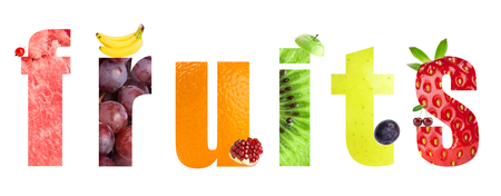 Collage of fruits. Fruit word.の写真素材