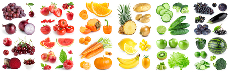 Collection of color fruits and vegetables isolated on a white background. Fresh food conceptの写真素材