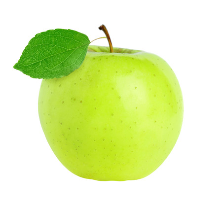 Green apple with leaf isolated on white backgroundの写真素材