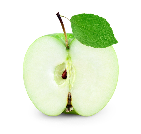 Apple with leaf on white backgroundの写真素材