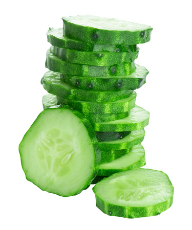 Fresh cucumber slices isolated on white backgroundの写真素材