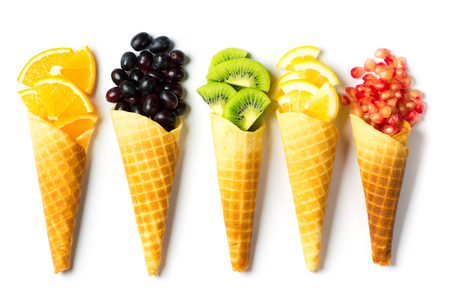 Fresh mixed fruits in cones.の写真素材