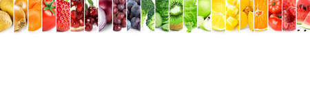 Collage of color fruits and vegetables. Fresh ripe food. Food conceptの写真素材