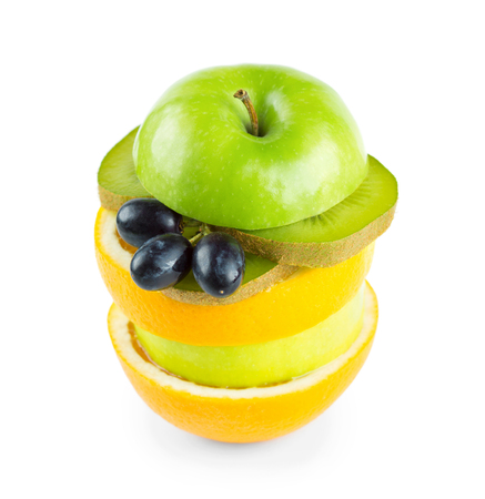 Stack of apple, kiwi and orange slices isolated on white background. Fresh fruitsの写真素材