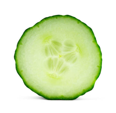 Fresh cucumber slice closeup on white backgroundの写真素材