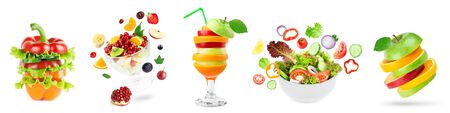 Stack of fruits and vegetables. Fruit and vegetable salad. Vitamins.の写真素材