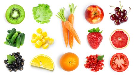 Collection of fruits and vegetables on whiteの写真素材
