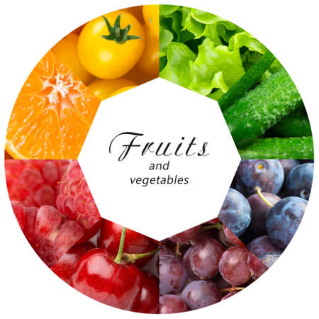 Collage of mixed fruit and vegetable. Fresh color fruits and vegetablesの写真素材