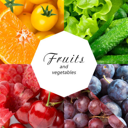 Collage of mixed fruit and vegetable. Fresh color fruits and vegetablesの写真素材