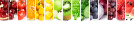 Collage of color fruits and vegetables. Fresh ripe food. Food conceptの写真素材