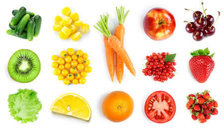 Collection of fruits and vegetables on white background. Top view. Fresh foodの写真素材