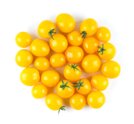 Yellow tomatoes on white background. Top viewの写真素材
