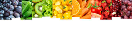 Collage of color fruits and vegetables. Fresh foodの写真素材