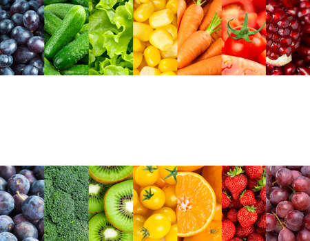 Collage of color fruits and vegetables. Fresh ripe food. Food conceptの写真素材