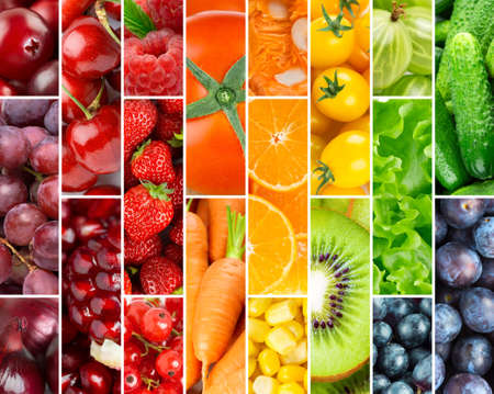 Background of fresh ripe color fruits and vegetables. Food backgroundの写真素材