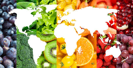 Fruits and vegetables. Food background. World mapの写真素材