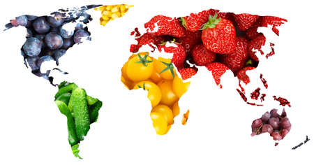 Fruits and vegetables. World map. Fresh food. Conceptの写真素材