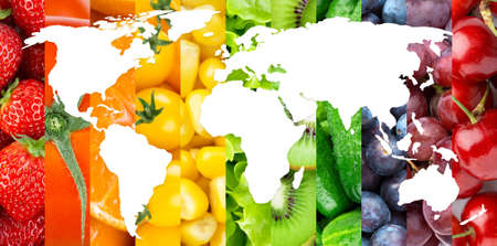 Fruits and vegetables. Food background. World mapの写真素材