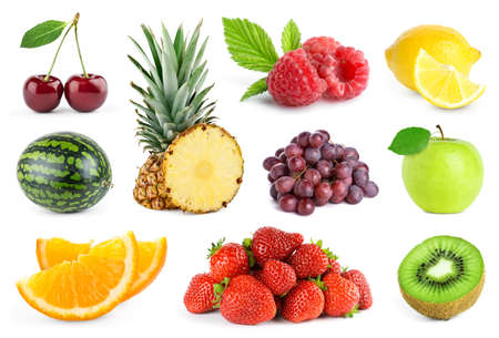 Collection of fruits on white background. Fresh color food. Apple, orange, strawberry, lemon, cherry, kiwi, pineapple, grape, watermelon and raspberry.の写真素材