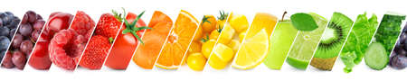 Collage of color fruits and vegetables. Fresh ripe food. Food conceptの写真素材