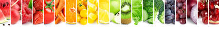 Collage of color fruits and vegetables. Fresh ripe food. Food conceptの写真素材