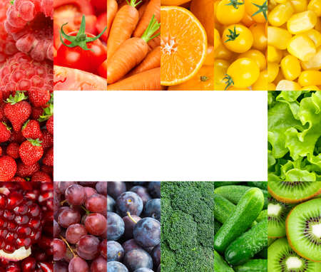 Frame of color fruits and vegetables. Fresh ripe foodの写真素材