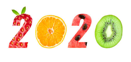 New year 2020 made of fruits on the white background. Healthy foodの写真素材
