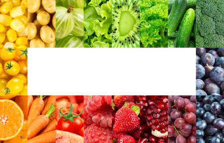 Frame of color fruits and vegetables. Fresh ripe foodの写真素材