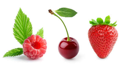 Fruits. Collection of berries on white background. Strawberry, cherry and raspberry.の写真素材