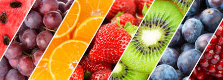 Background of fruits. Mixed ripe fruits and berries. Fresh food.の写真素材