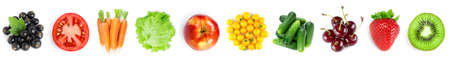 Collection of fruits and vegetables on white background. Top view. Fresh foodの写真素材