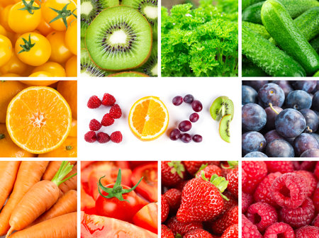 Fruits and vegetables. New year 2021 made of fruits. Healthy food. Backgroundの写真素材