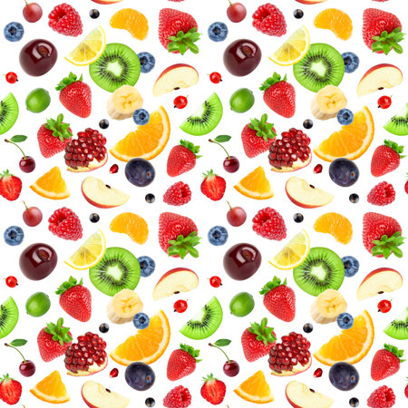 Mixed fruits. Fruits seamless pattern. Fruit backgroundの写真素材
