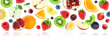 Fruits. Fruits falling on white background. Mixed fruits. Healthy foodの写真素材