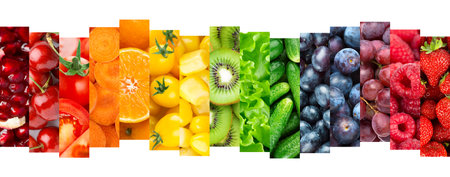 Collage of fruits, vegetables and berries. Fresh food. Healthy lifestyleの写真素材