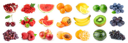 Collection of color fruits on white background. Fresh foodの写真素材