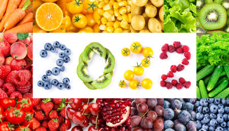 Fruits and vegetables. New year 2022 made of fruits and vegetables. Healthy food. Textureの写真素材
