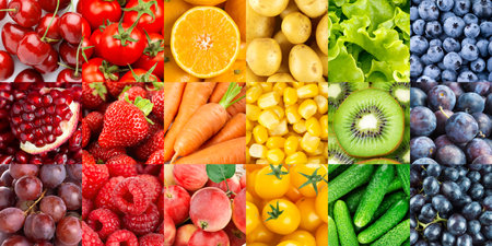 Background of fruits, vegetables and berries. Fresh foodの写真素材